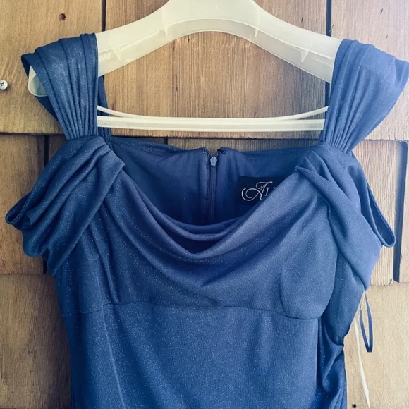 Alex Evening Sz12 Cold Shoulder Glitter Mesh Blue Dress Draped Skirt Cowl Neck - Picture 8 of 16